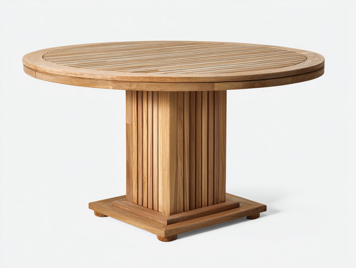Mesas de jardín redonda de madera 120x120x75 cm - madera natural - diseño moderno con base central acanalada