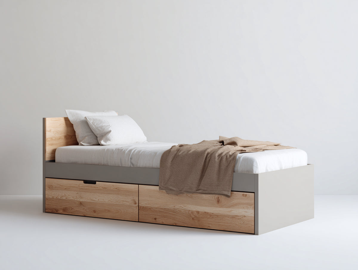 Camas individuales - madera y tablero - 205 x 105 x 95 cm - natural-gris claro - diseño moderno con 2 cajones de almacenamiento