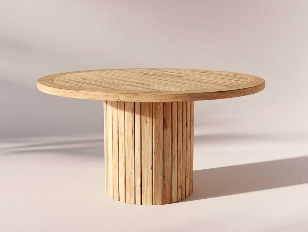 Mesas de jardín - madera - 120 x 120 x 75 cm - natural - diseño redondo con tablero de listones y base cilíndrica