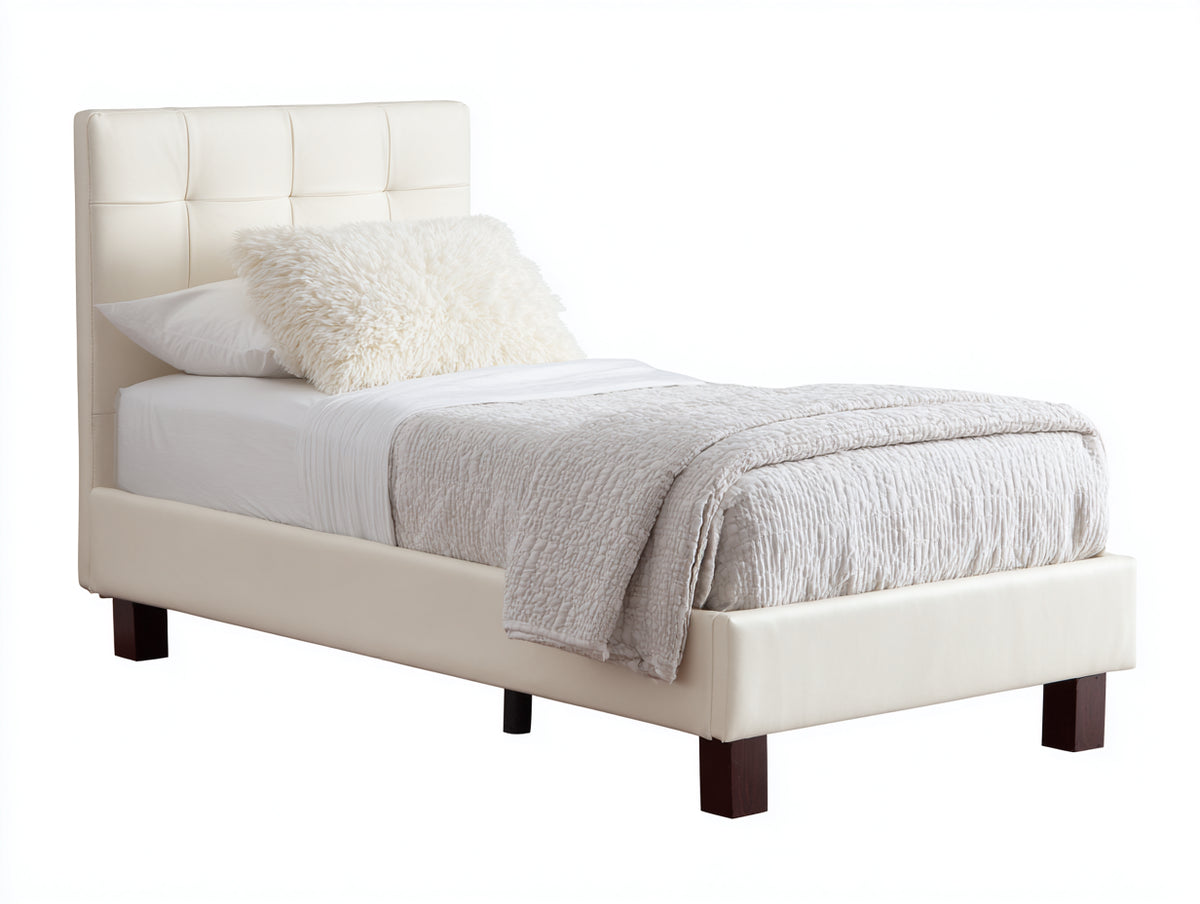 Camas individuales tapizada en polipiel 205x100x115 cm - blanco roto - diseño moderno con cabecero acolchado
